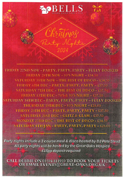 Great Oaks Christmas Party nights. Call 01594 811910 or email events@great-oaks.org.uk for more info